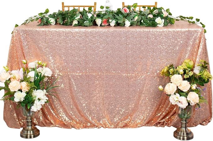 ShiDianYi Sequin Tablecloth 50x72-Inch,Rose Gold Elegant Shimmer Square Table Linens, Sparkly Table Cloth/Overlay