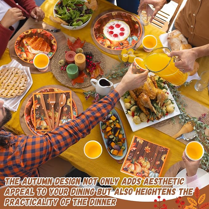 Pickmesh 400 Pcs Thanksgiving Plates and Napkins Set, Fall Pumpkin Paper Plates and Cups with Plastic Cutlery, Pumpkin Maple Leaf Disposable Tableware for Autumn Harvest Party Supplies