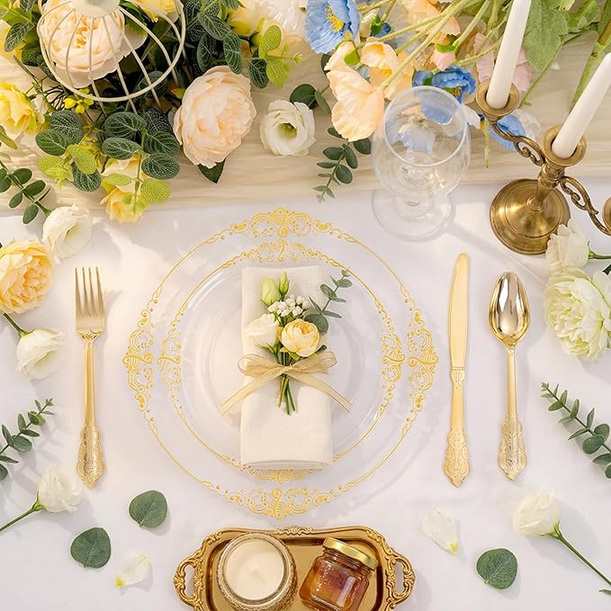 102PCS Clear Gold Plastic Plates - Clear Disposable Plates with Gold Rim - Elegant Party Plate Include 51PCS Dessert Plates, 51PCS Dinner Plate for Weddings & Parties