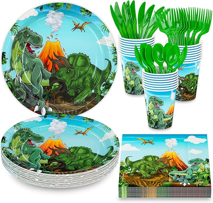 DYLIVeS Dinosaur Party Supplies, Dinosaur Themed Birthday Party Decorations Trex Dinosaur Party Favors Disposable Tableware Set for Kids Boys, Dinosaur Plates and Napkins, Cups, Cutlery, Serves 24