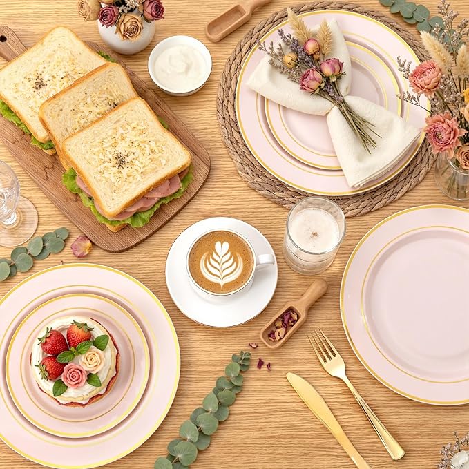 WDF Partyware 175PCS Pink plastic Plates - Pink Disposable Plates 25Guests Disposable Dinnerware Sets with Rolled Napkins for Wedding/Birthday/Baby Shower