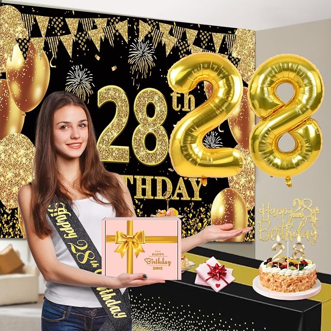 28th Birthday Decorations Men Women with 28th Birthday Banner, Black and Gold Table Cloth, Number Balloons, Large Sash, Cake Topper and Candles