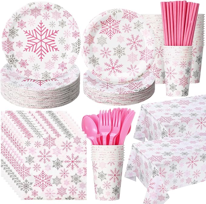 Funnymoom 452 Pcs Pink Snowflake Party Supplies Serves 50, Pink Snowflake Paper Plates Napkins Cups Tablecloth Cutlery Straws for Christmas Winter, Baby Shower Wonderland Birthday Party Decorations