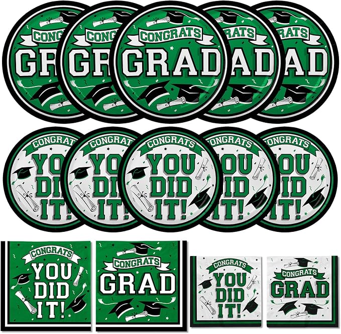 Gatherfun Graduation Party Supplies Dinnerware Set green Disposable dinner paper plates dessert paper plates and Napkins for Congrats Grad Party Decorations, Serve 50