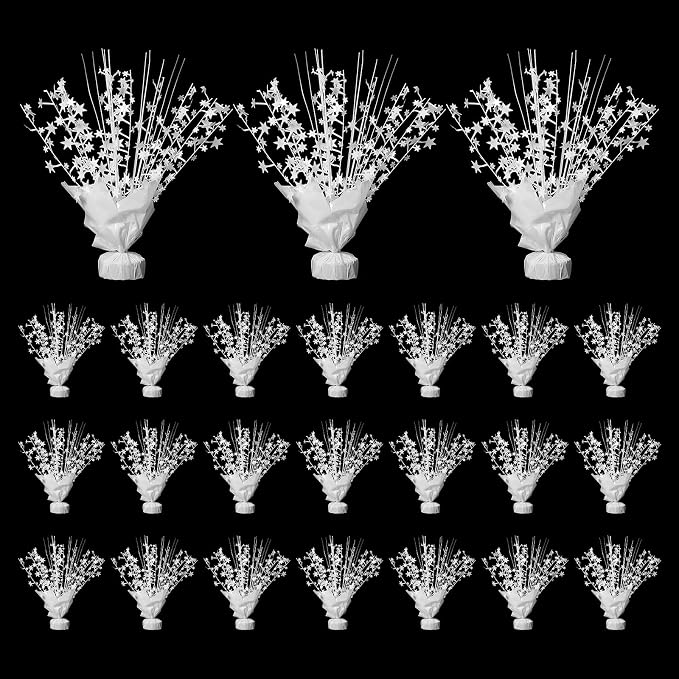 24 Pack White Metallic Foil Spray Centerpiece Star Table Decoration Burst Table Centerpieces for Birthday New Year Wedding Anniversary Graduation Party Supply (White)