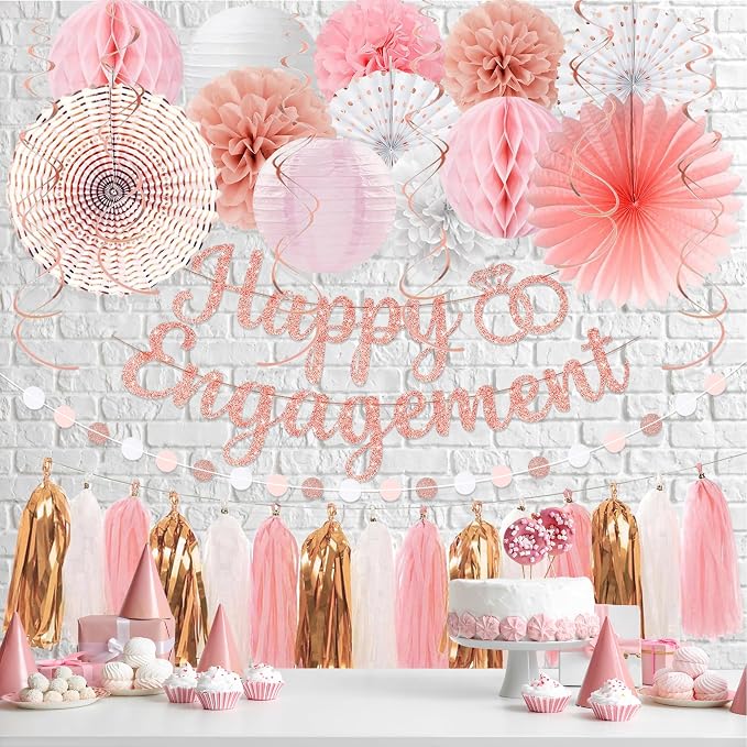 Roetyce Engagement Party Decorations, Rose Gold Glitter Happy Engagement Banner, Almost Married/Just Engaged Photo Background, Pink Congratulations Wedding Bachelorette Backdrop Decor