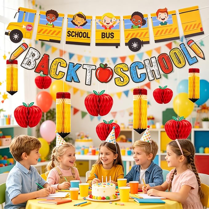 Back to School Decoration School Bus Party Banner Apple Pencil Hanging Honeycomb Welcome Back to School Classroom Kindergarten Teacher Appreciation First Day of School Bulletin Board Supplies
