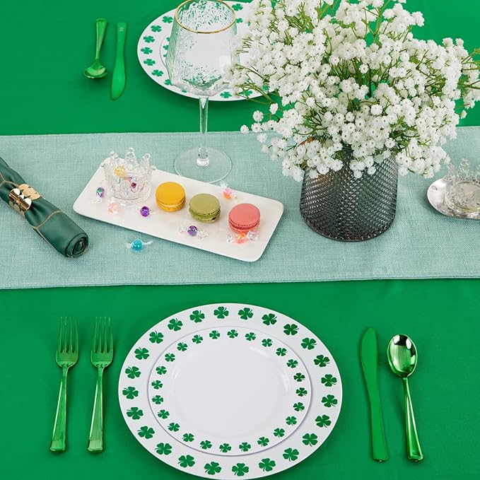 WDF 25Guest St Patrick’s Day Plates - Green Plastic Plates with Shamrock Clover & Disposable Silverware - Premium White and Green Plastic Dinnerware for St. Patrick’s Day