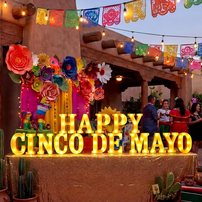 Honoson 16 Pcs Happy Cinco De Mayo Light Decorations Mexican Fiesta Party Decorations Table Decor Festival LED Lights up Sign for Mexican Fiesta Party Festival Streamers Home Decor