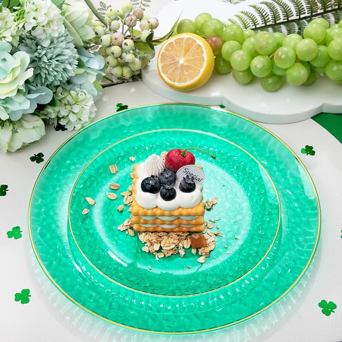 Hioasis 60pcs Green Plastic Plates - Gold Rimmed Disposable, Hammered, Heavy-duty Dinnerware Set Suitable for 30 Guests, 10.25" Dinner & 7.5" Dessert Plates for Party & Wedding