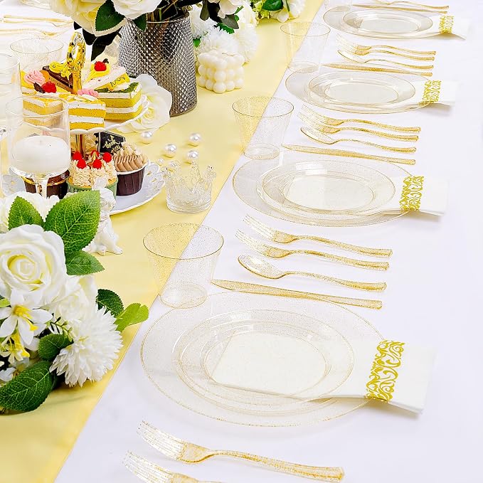 I00000 700 Pcs Gold Glitter Plastic Dinnerware Sets, Disposable Plates for Party, Include: 100 Dinner Plate,100 Dessert Plate,100 Paper Napkins, 100 Cups,100 Plastic Silverware Set