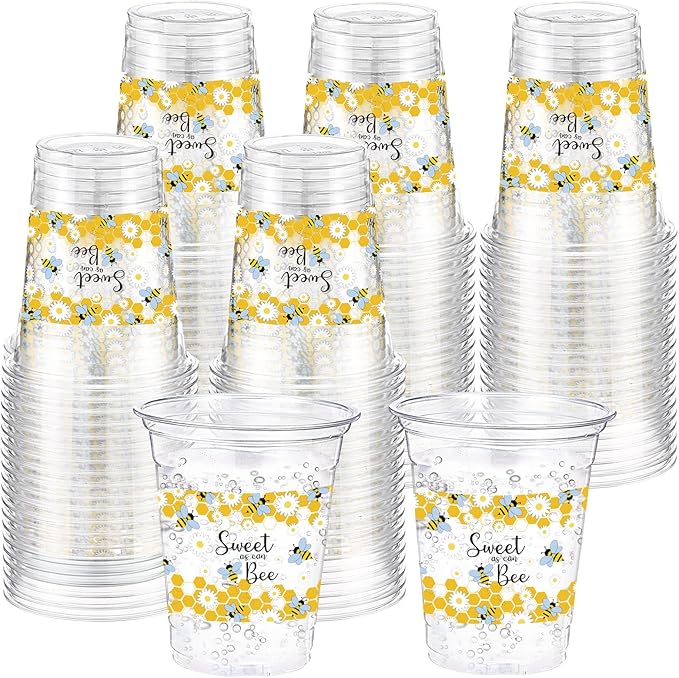 Funnymoom 60 Pack Bee Theme Cup 12 oz Honeycomb Disposable Clear Plastic Drinking Cups Bulk for Bee Day Birthday Baby Shower Party Decorations Favors