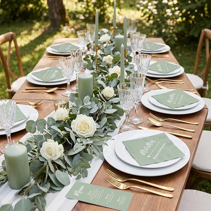Teling 400 Pcs Wedding Napkins for Reception, 3 Ply Mr Mrs Wedding Cocktail Napkins for Engagement Bridal Shower Party Supplies Beverage Dessert Table Decorations(Sage Green)