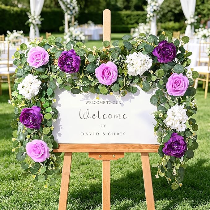 Livole 2Pcs 6 FT Artificial Flower Garland Fake Purple Rose Peony Floral Garland with Eucalyptus Flower Hanging Vine for Wedding Arch Table Centerpieces Backdrop Party Home Decorations