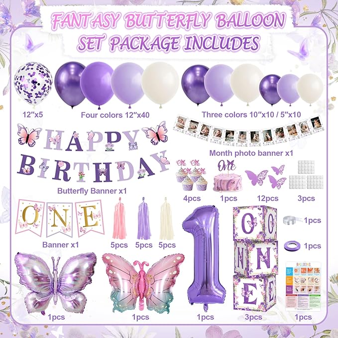 Butterfly First Birthday Decorations for Girl, 1st Birthday Decorations Girl Include Balloon Arch, Balloon Boxes, Highchair Banner, Photo Banner, Butterfly Banner, Cake Topper, Butterfly Stickers