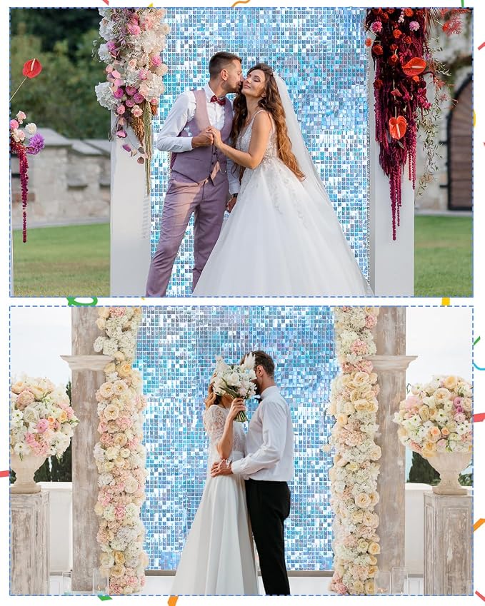48 Pcs Iridescent Blue Shimmer Wall Backdrop Panels for Party, Mjkeomo Iridescent Blue Sequin Backdrop for Birthday Graduation Home Party Decorations Anniversary Wedding Christmas Decor