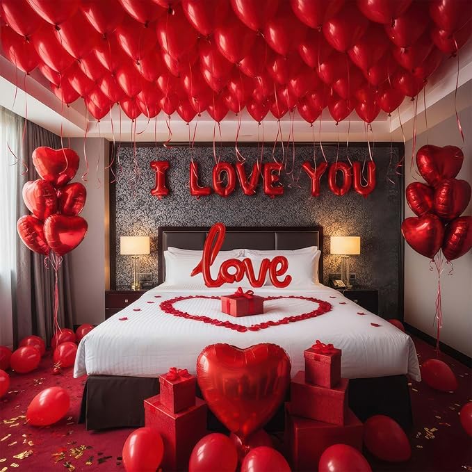 I Love You Balloons red romantic balloon kit with red heart I LOVE YOU mylar balloons red rose petals for hotel Dec orations decorations Valentines Party wedding anniversary supplies