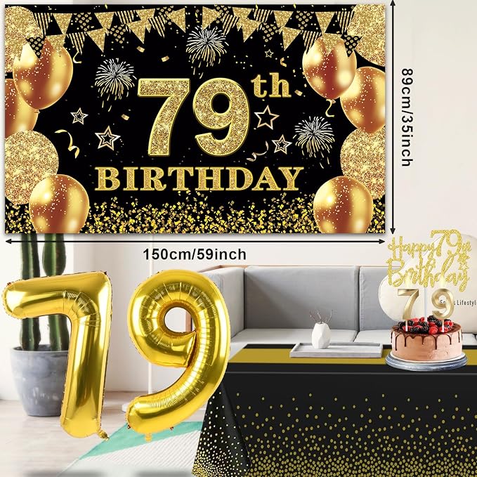 79th Birthday Decorations Men Women with 79th Birthday Banner, Black and Gold Table Cloth, Number Balloons, Sash, Cake Topper and Candles