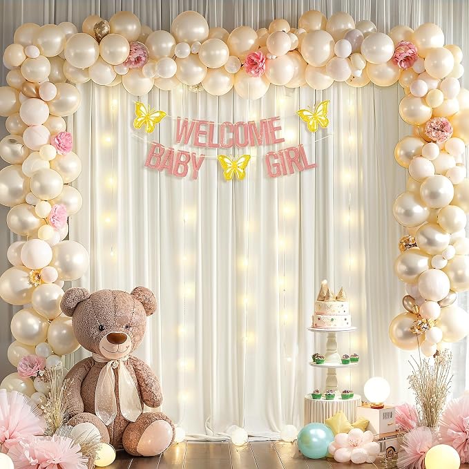 20x10FT Cream White Backdrop Curtains with Lights for Parties,Wrinkle Free Wedding Photo Backdrop Curtains for Baby Shower Birthday Ceremony Reception Home Party Decorations-5ft x 10ft,4 Panels