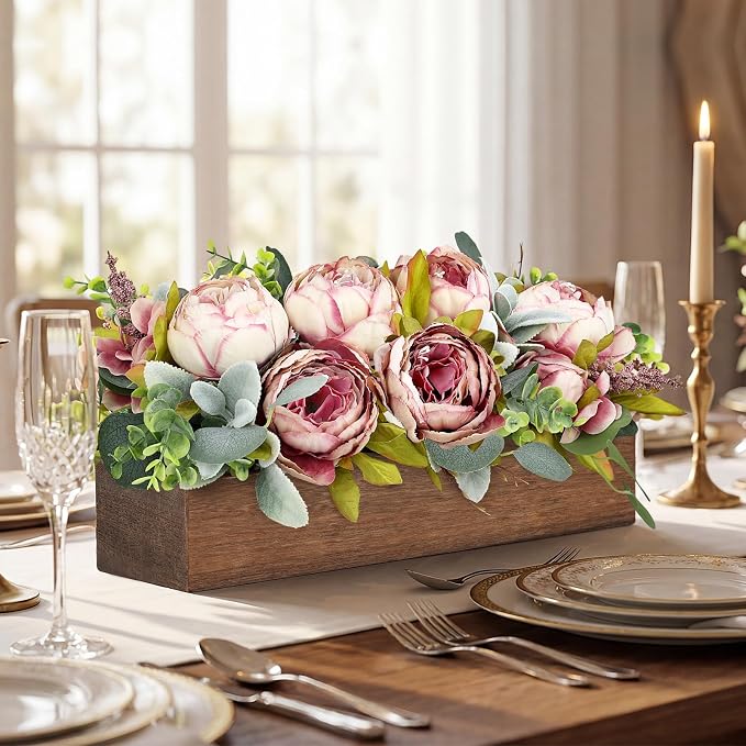 Pre-Made Flower Table Centerpieces for Dining Room Wedding Artificial Peony Table Decorations Wood Tray with Fake Flowers for Living Room Party Bar Kitchen Table(Vintage Pink)
