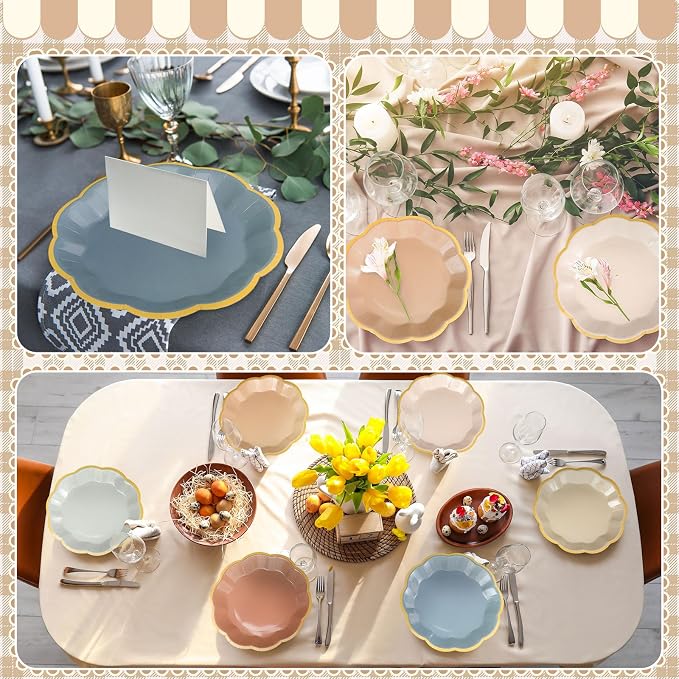72 Pcs Morandi Color Paper Plates 9 Inch Brown Blue Gradient Scalloped Paper Disposable Dinner Dessert Plates for Birthday Wedding Bridal Party Supplies, 6 Colors