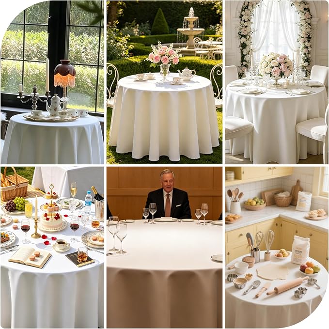 WIGENIUS 10 Pack Ivory Table Cloth Round Tablecloths 90 Inch,Polyester Table Cloth for 5 Foot Round Tables,Wrinkle Resistant Washable Fabric Table Covers for Party,Wedding Banquet