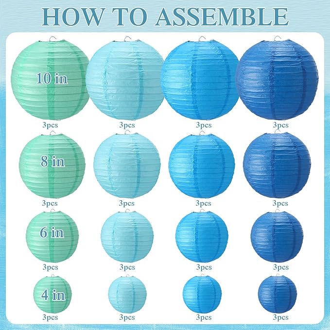 Treela 48 Pcs Paper Lanterns Party Decorations Chinese Round Paper Decor 4/6/8/10 Inch Asian Hanging Lamps Decorative for Birthday Party Wedding Bridal New Year Valentine Day Supplies(Blue Series)
