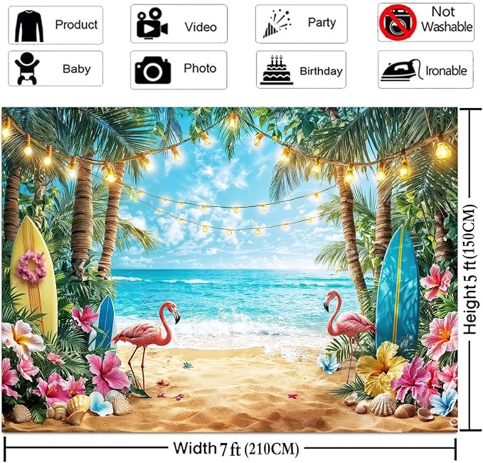 6x4ft Summer Hawaiian Beach Photography Backdrop Flamingo Tropical Flower Palm Leaves Background for Luau Aloha Party Decoration Banner Photo Booths