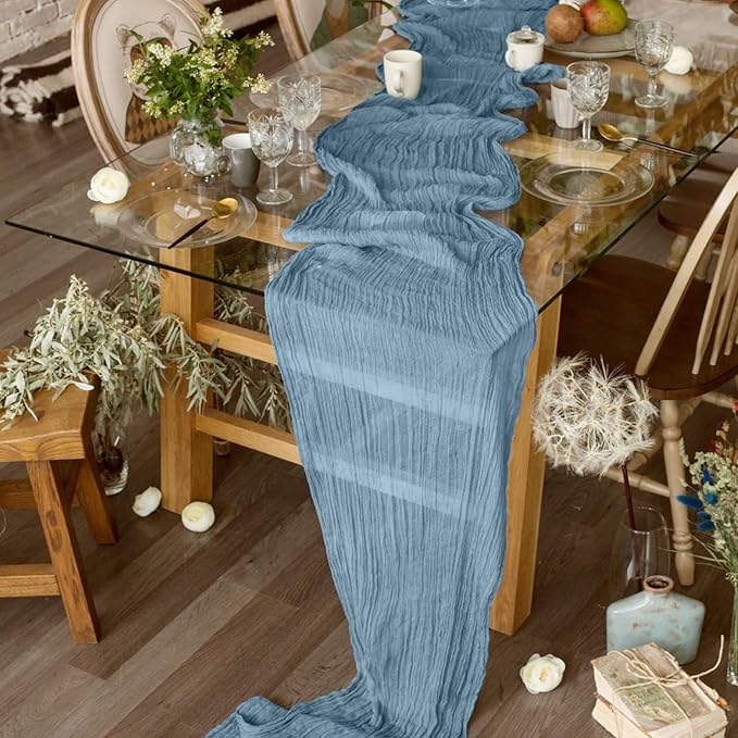24 Pack Dusty Blue Cheesecloth Table Runner 10FT Dusty Blue Boho Gauze Cheese Cloth Table Runner Rustic Sheer Fabric Table Runners for Wedding Bridal Shower Baby Shower Party(21.5×120 Inch)