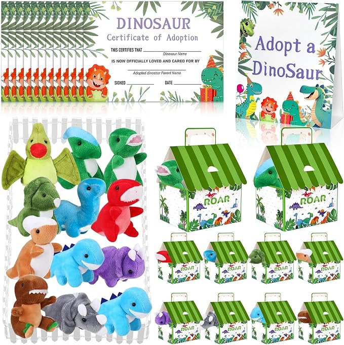 38 Pcs Adopt a Dinosaur Party Favors Include 12 Mini Dinosaur Stuffed Animals 12 Foldable House Gift Boxes 12 Adoption Card 1 Adoption Sign 1 Fence for Adopt A Pet Party Dino Birthday Supplies
