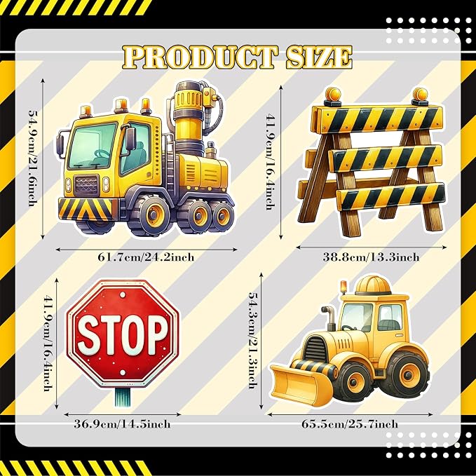 Honoson 4 Pcs Large 20" x 30" Construction Cardboard Cutouts, Construction Truck Themed Birthday Party Decoration Backdrop Yard Signs Warning Sign for Party Supplies Lawn Garden Classroom Decor