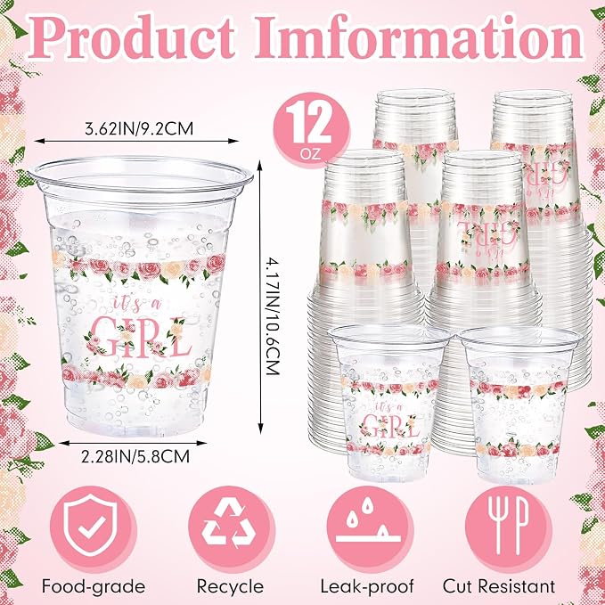 Funnymoom 60 Pack Floral Baby Shower Cups 12 oz It's a Girl Pink Floral Disposable Clear Plastic Drinking Cups for Baby Shower Gender Reveal Birthday Party Decorations Supplies