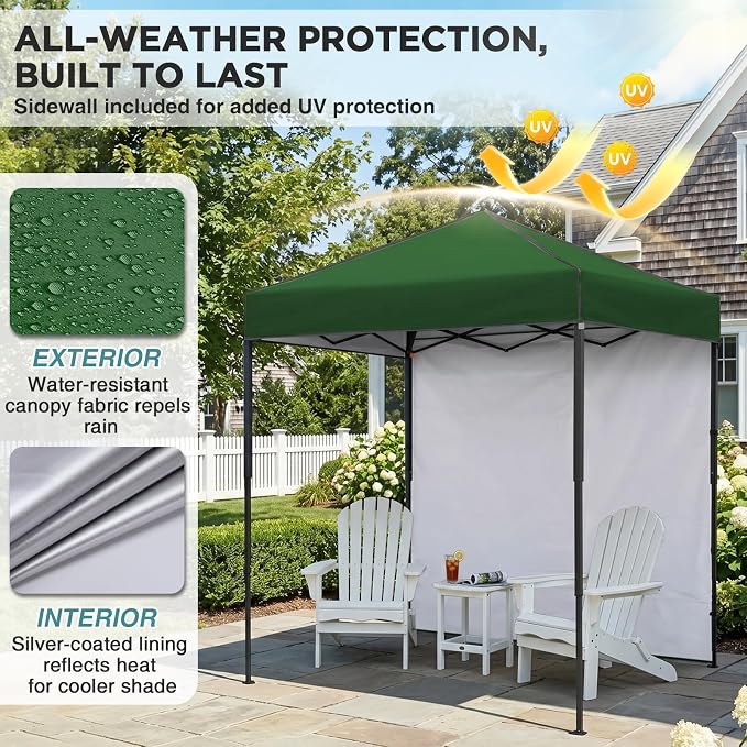 EAGLE PEAK 6x4 Instant Pop Up Canopy Tent with 1 Side Wall Panel, Straight Leg Sun Shelter, Portable Canopy with Carry Bag for Camping, Beach & Sports, Green