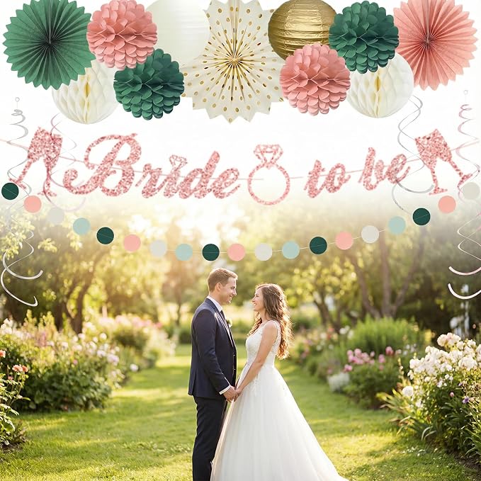 Pink Sage Green Bridal Shower Decorations, Bride to be Banner with Honeycomb Balls, Paper Flowers, Lanterns, Fans, Circle Garland for Wedding Shower, Bachelorette Party Decor 19pcs