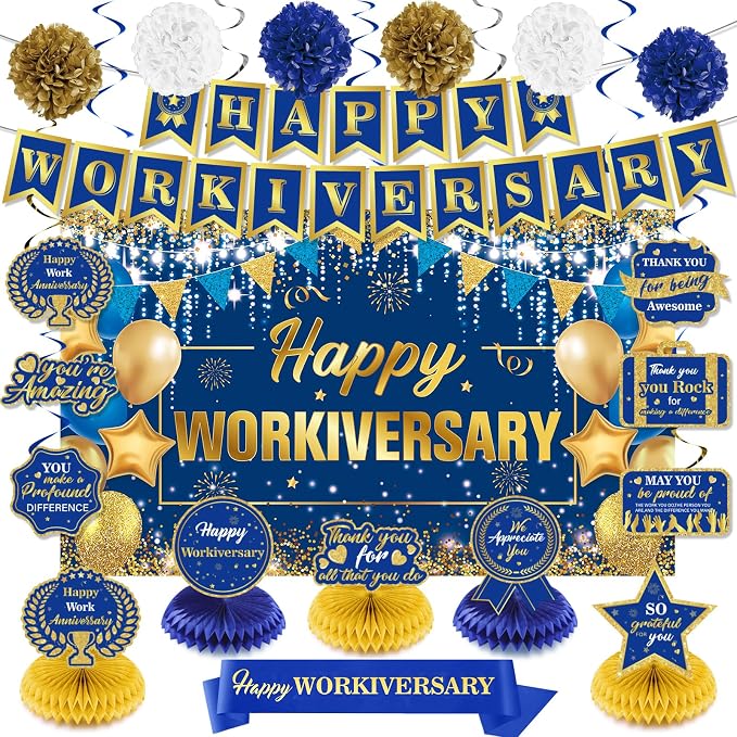 Happy Work Anniversary Decorations Blue Gold Happy Workiversary Banner Honeycomb Centerpieces Hanging Swirls Tissue Paper Pompoms Sash for Men Office Employee Worker Anniversary Appreciation Supplies