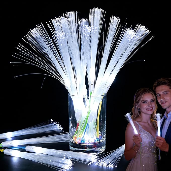 50Pcs White Fiber Optic Wands, Led Cold Sparklers Wedding Send Off Ideas, 3 Flashing Modes Wedding Glow Sticks for Reception, Light up Wands, Fiber Optic Lights for Party Favor