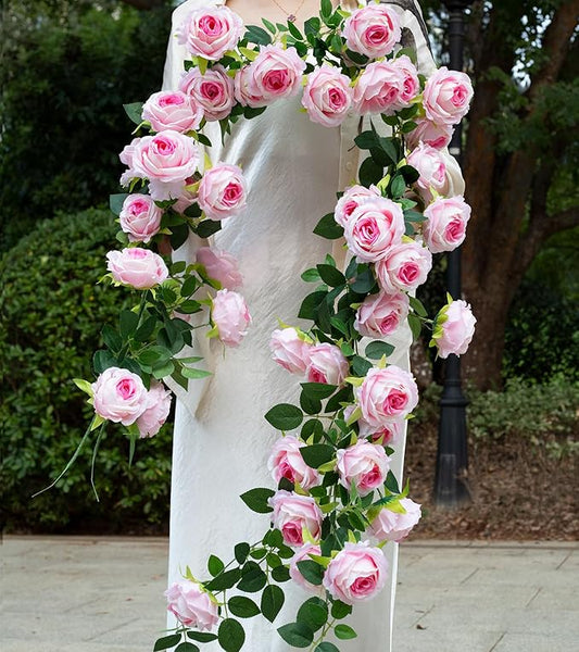 2Pcs 12Ft Bendable Artificial Flower Garland Faux Rose Vine Hanging Floral Garland for Wall Decor Trellis Fence Home Room Garden Wedding Decoration(Pink, 2pcs)