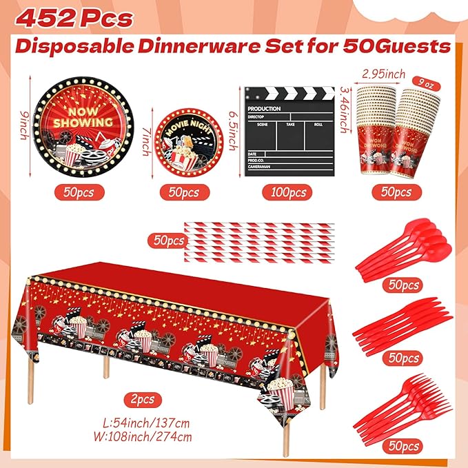 Funnymoom 452 Pcs Movie Night Party Decorations Supplies Set Include Movie Theme Birthday Paper Plates Napkins Cups Tablecloth Cutlery Straws for Now Showing Red Carpet Birthday Party