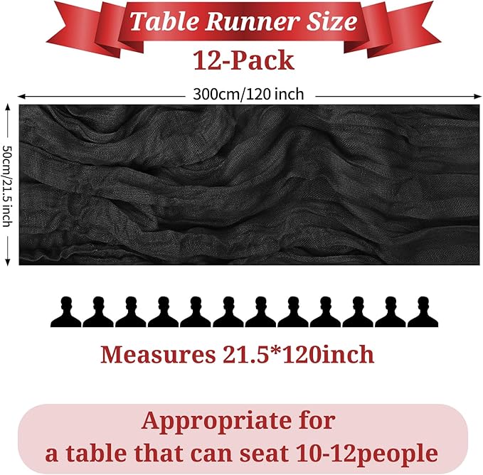 Pesonlook 12 Pack Black Cheesecloth Table Runner, 10FT Cheesecloth Rustic Boho Table Runner Long Romantic Semi Sheer Table Runner for Wedding Birthday Bridal Shower Party Decorations(21.5×120 Inch)