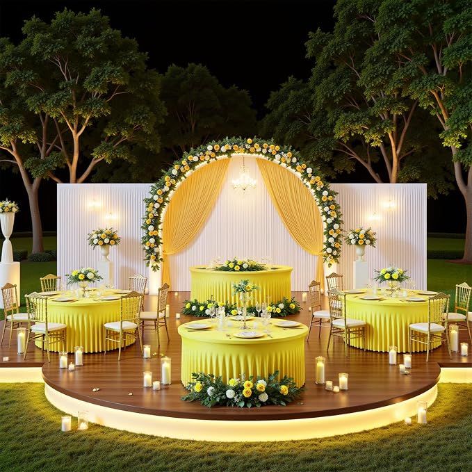 6 Pack Yellow 72 inch Round Spandex Tablecloth,Wrinkle-Free Stretchy Fitted 6FT Round Tables,Elastic Edge with Skirt,Washable Tablecloths for Wedding Banquet Party Birthday Buffet