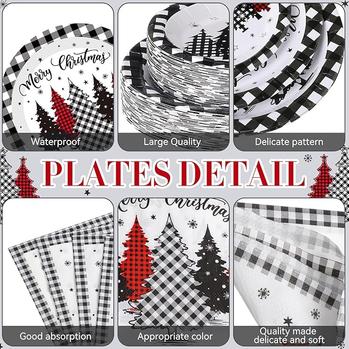 Funnymoom 452 Pcs Christmas Tree Party Supplies for 50, Black Buffalo Plaid Gingham Christmas Paper Plates Napkins Cups Tablecloth Cutlery Straws Tableware Set for Xmas Holiday Party Decorations