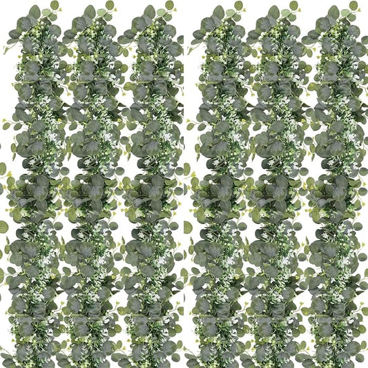 N&T NIETING 6 Pack Artificial Eucalyptus Leaf Garland, Faux Greenery Garland Decor 6 FT Summer Garland, Fake Hanging Vines Garlands for Wedding Mothers Day Decoration Table Mantle