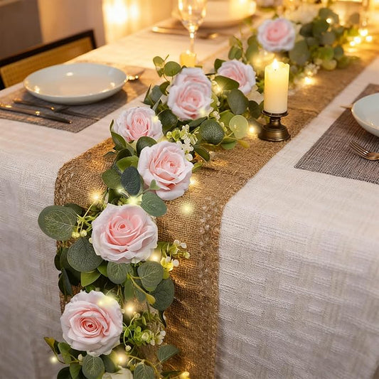 2 Pack 5.9 FT Artificial Flower Garland with Lights, Fake Floral Garland with 12 Pink Roses, White Flower Decorations for Arch Table Centerpieces Backdrop Party Home Wedding Decorations