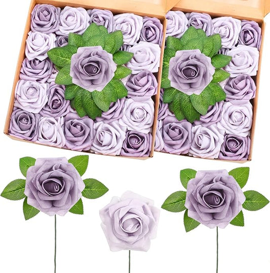 50 Pcs Artificial Foam Rose Flower Faux Bouquet Wedding Fake Rose Gift for Mother's Day Women DIY Bridal Shower Party Table Birthday Home Spring Decor (Soft Purple)