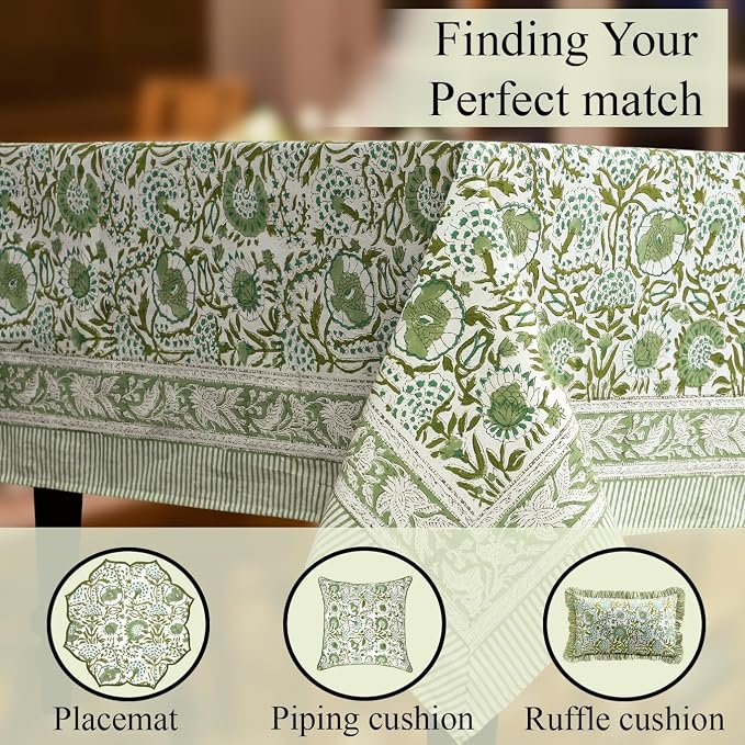 CPC Tablecloth 100% Cotton 72x190 Inch Indian Block Print Rectangle Table Cover, Green Table Cloth for Weddings, Spring/Summer, Barbeque - Agate Green