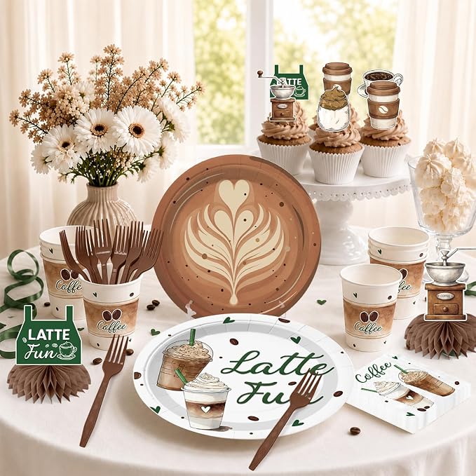 213pcs Coffee Birthday Decorations, Serves 25 People, Includes Pre-Strung Banner, Heavy-Duty 350gsm Paper Plates, Waterproof & Oil-Proof Disposable Plastic Tablecloths