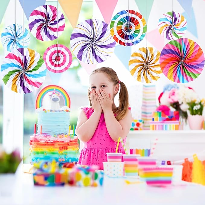 Outus Hanging Paper Fans Decorations Candy Party Classroom Decoration Colorful Peppermint Candy Paper Fan Ceiling Wall Garland for Candyland Themed Birthday Party Supplies(9 Pcs,Design)