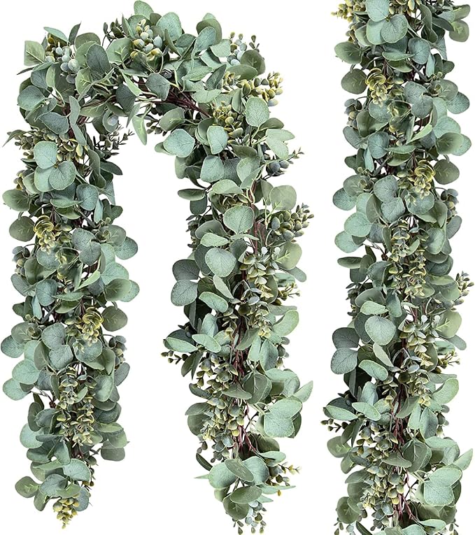 Ouddy Decor 2 Pack Eucalyptus Garland Total 13.1 Ft Lush Silver Dollar Leaves Boxwood Artificial Faux Greenery Vines for Baby Shower Wedding Party Table Runner Room Home Mantle Decor