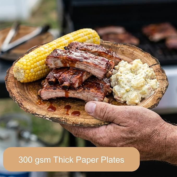 400 Pcs Disposable Rustic Wood Grain Slice Tableware Set for 50 Guests | Heavy-Duty 7" & 9" Paper Plates, Cups, 13" Napkins & Plastic Cutlery for Camping Forest Woodland Birthday Party Supplies
