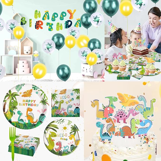 Dinosaur Birthday Decorations - 24 Guests Dino Party Decorations Set, Jurassic Dinosaur Birthday Party Supplies Kit for Kids 3 4 5 Years